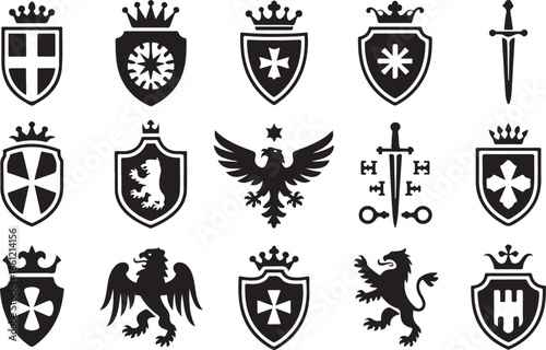 ollection of 16 Heraldic Shields and Crests, Medieval and Royal Emblems with Lions and Swords