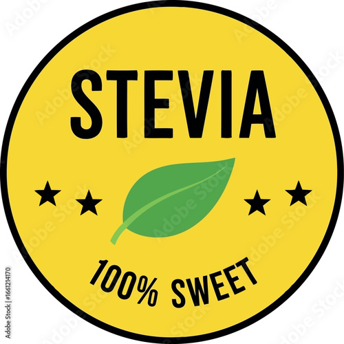 Stevia 100% sweet natural sweetener leaf icon yellow circle label vector