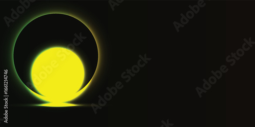 Glowing abstract, circle, eclipse, background, and light design with a luminous yellow sphere. Futuristic digital art for modern visuals and decoration.