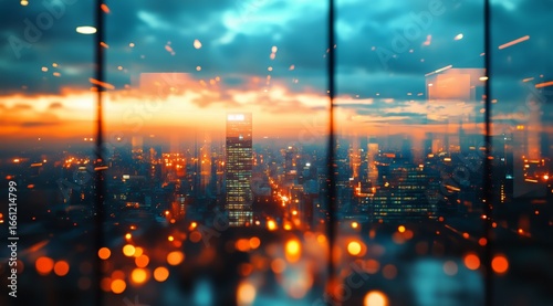 City Skyline Illuminated by Sunset Reflections in Glass Buildings During Twil...