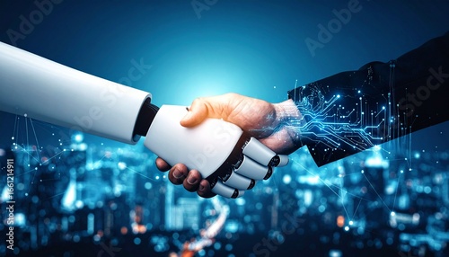 Robotic Arm and Human Hand Shaking, Symbolizing AI Collaboration, Technological Partnership, and Digital Innovation in an Interconnected World