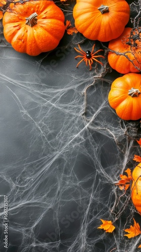 Vibrant Orange Pumpkins Surrounded by Spider Webs and Autumn Leaves for Hallo...