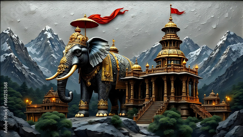 Fototapeta Naklejka Na Ścianę i Meble -  Temple and elephant 3d wall decor 