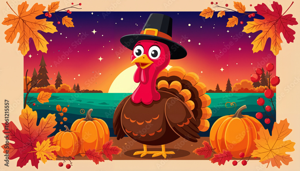Fototapeta premium Cartoon turkey wearing a hat surrounded by pumpkins and autumn leaves 