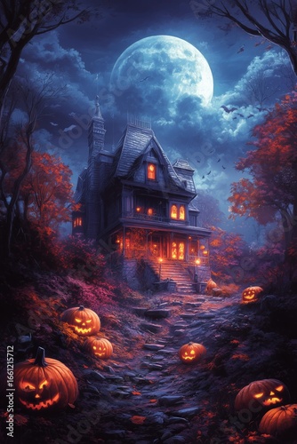 Spooky Haunted House Surrounded by Pumpkins Under a Full Moon at Night in Autumn