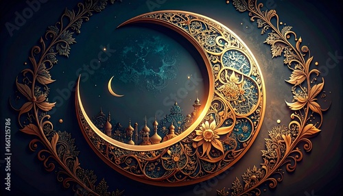 Elegant vintage gold floral ornament on a dark background with a round decorative border