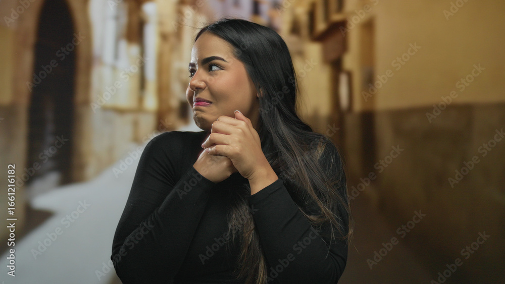 Φωτογραφία Woman smiling in vibrant old town street during daytime showcasing warm ambiance and cultural richness with a joyful expression capturing a latin essence in outdoor setting