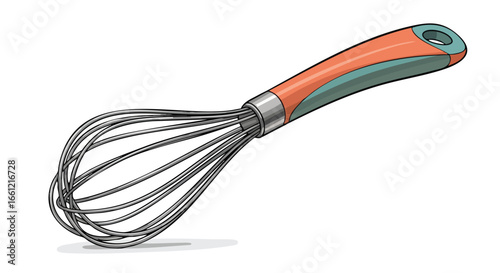 A detailed illustration of a metal wire balloon whisk with a colorful orange and teal handle, isolated on a white background.