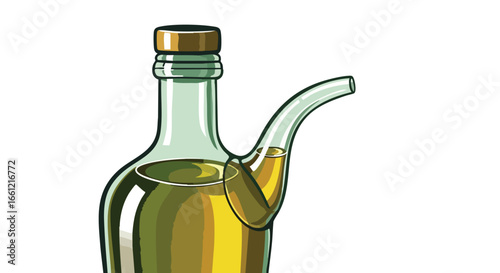 A detailed illustration of a green glass cruet bottle filled with golden olive oil, featuring an integrated pouring spout, isolated on a white background.