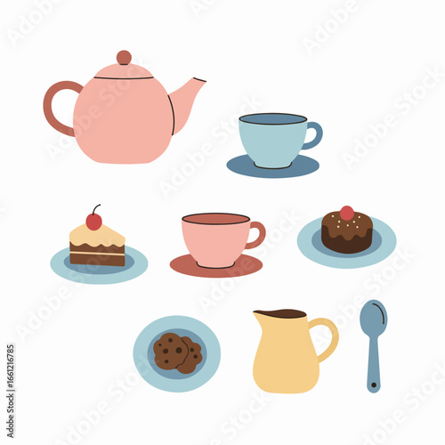 Charming Tea Party Collection: Teapot, Cups, Cakes, Cookies, Creamer, and Spoon Vector Illustration