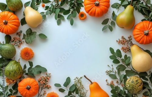 Seasonal Autumn Harvest Display With Pumpkins, Gourds, Greens, and Colorful L...