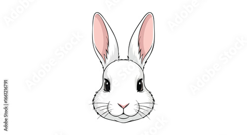 A detailed, symmetrical illustration of a white rabbit's head with long pink ears on a plain white background.