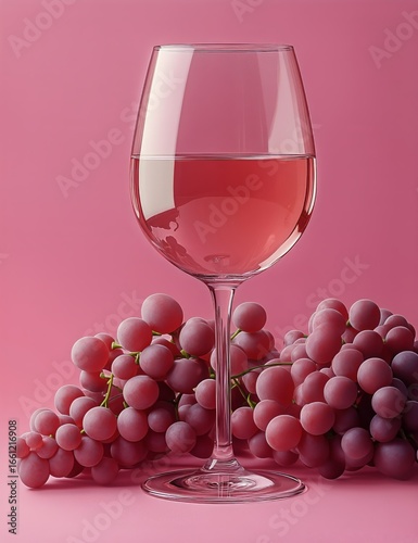 Refreshing Glass of Pink Wine Beside Fresh Grapes on a Pink Background in Bri...