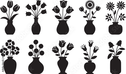 Collection of Floral Vase Designs in Black, Hand-drawn Nature Art