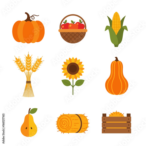 Vibrant harvest bounty celebrated with pumpkins, apples, corn, sunflowers, pears, and hay