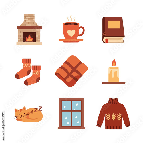Cozy autumn elements warm fireplace hot drink knitted sweater cozy socks sleeping cat book and rainy window