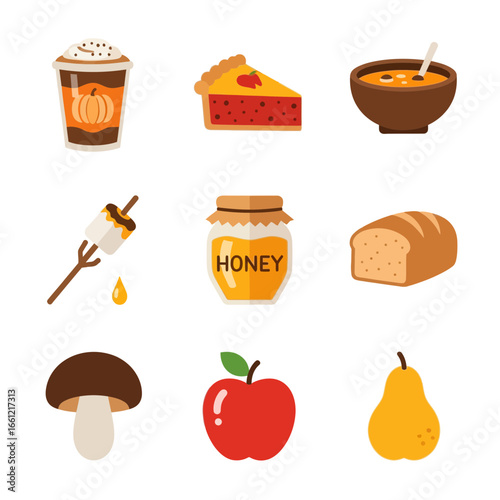 Delicious autumn harvest icons featuring pumpkin spice, pie, soup, honey, bread, apple, pear, mushroom, and marshmallow treat.