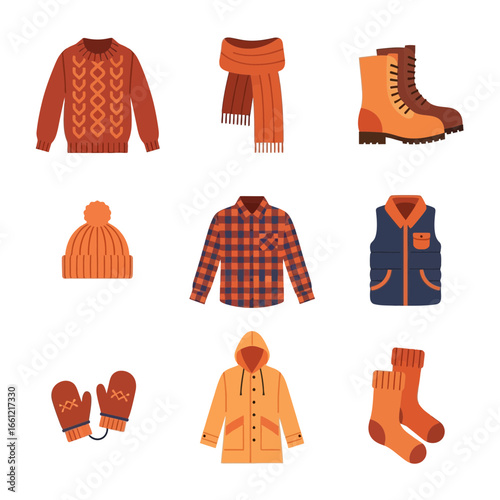 Cozy autumn apparel collection featuring sweater, scarf, boots, hat, shirt, vest, mittens, jacket, and socks.