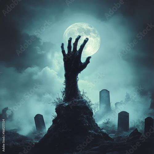 Creepy Hand Emerges From Grave Under Full Moon in Eerie Graveyard at Night