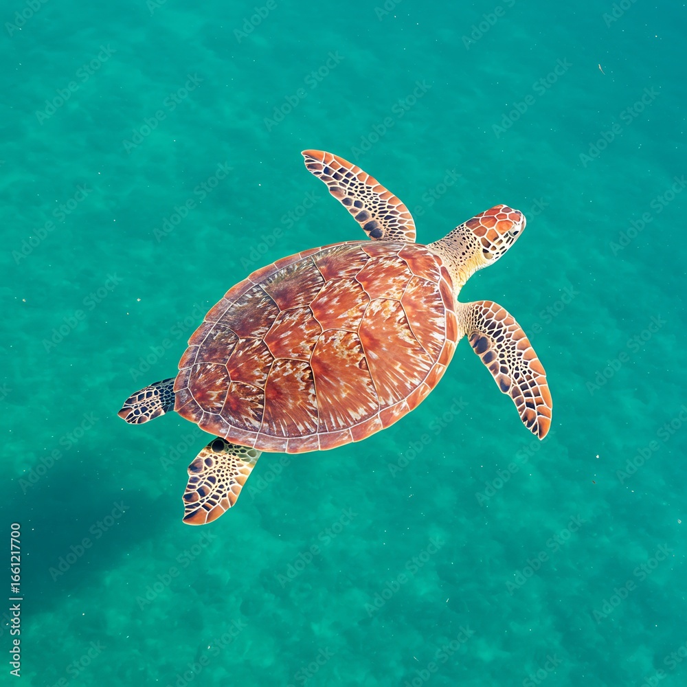 Fototapeta premium Hawksbill Sea Turtle Swimming Gracefully in Crystal Clear Turquoise Ocean Water