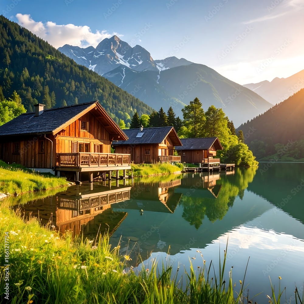 Fototapeta premium Mountain lake cabins, sunset reflection, Alps