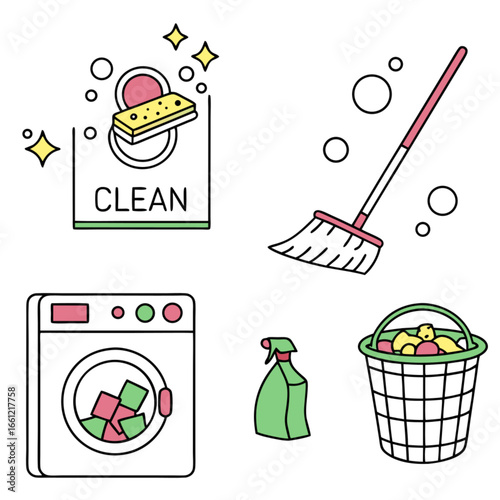 Cleaning supplies and tools for a spotless home, including a washing machine and spray bottle.