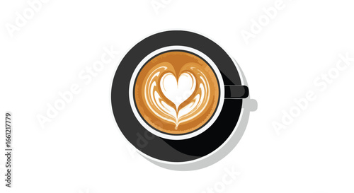 Top-down view of a black coffee cup with heart-shaped latte art on a white background.