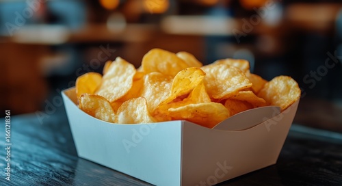Crispy Potato Chips Served in a White Takeout Box on a Wooden Table in a Casu...