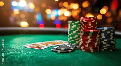 Colorful Poker Chips Stacked on a Green Felt Table in a Casino Setting at Night.