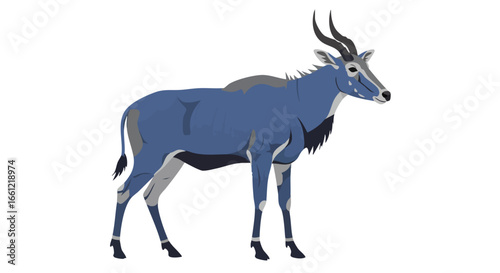 A detailed vector illustration of a Giant Eland, a large antelope with a bluish-grey coat and spiraled horns, standing against a white background.