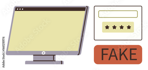 Computer screen, fake rating display with stars, and a red warning label reading FAKE emphasize digital fraud. Ideal for cybersecurity, online deception, scams, misinformation, e-commerce trust