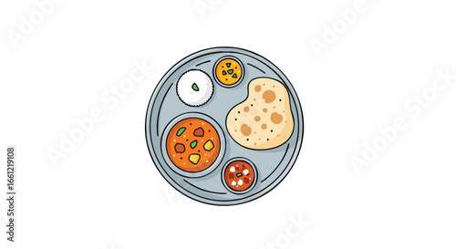 A top-down illustration of a traditional Indian thali meal, featuring curry, dal, flatbread, and various side dishes on a platter.