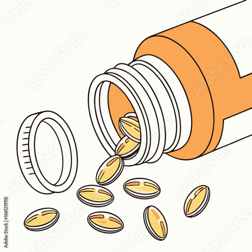Yellow pills spilling from a white prescription bottle with its cap off