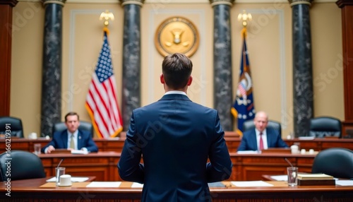 A man in a suit prepares to speak before the US Congress. In the background are committee members and an American flag. The scene reflects politics, democracy and the legislative process.