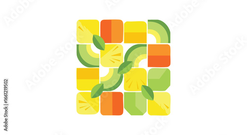 A modern, flat design graphic of a fruit salad mosaic with pineapple, avocado, and orange fruit pieces arranged in a grid.