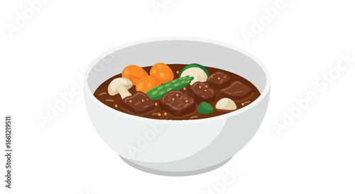A delicious bowl of hearty beef stew with tender meat chunks, carrots, mushrooms, and green asparagus, presented as a clean illustration.