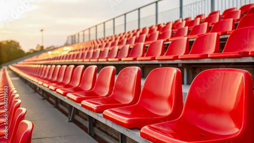 Bright red plastic chairs in an open stadium are illuminated by daylight. Several rows create a rhythmic structure. An ideal background for the sports theme.