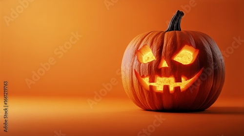 Carved Pumpkin With Glowing Face Displayed Against an Orange Background for H...