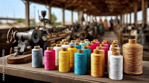 Colorful thread spools on wooden table
