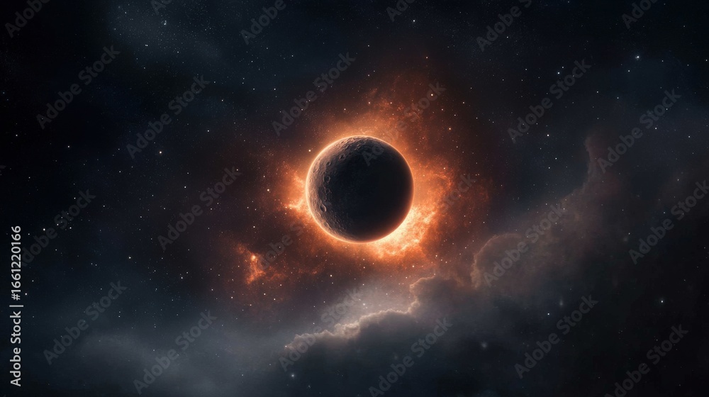 Fototapeta premium Dark planet with bright orange glow in star-filled cosmos