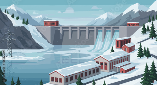 Winter landscape with hydroelectric dam and snowy mountains