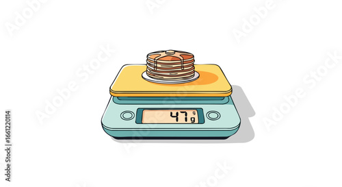An illustration of a stack of pancakes with syrup being weighed on a digital kitchen scale.