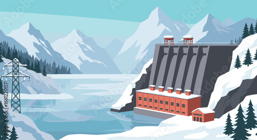 Mountain snow scene with hydroelectric dam and pine trees