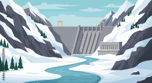Scenic winter mountain dam with flowing river and snowy slopes in flat style