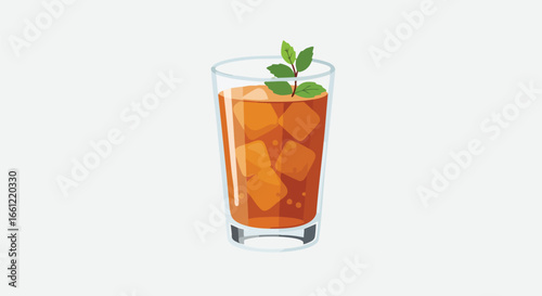 A refreshing glass of iced tea filled with ice cubes and garnished with a sprig of fresh mint.