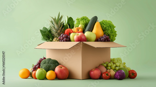 A cardboard delivery box filled and surrounded with fresh fruits and vegetables