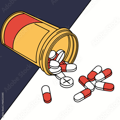 Overturned Pill Bottle Spilling Out Red And White Capsules And Tablets