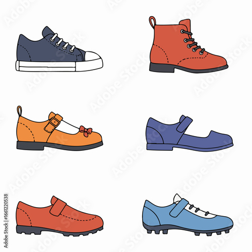 Colorful Vector Shoe Collection: Diverse Footwear Including Sneakers, Boots, Flats, Mary Janes, Loafers, and Cleats for All Ages.