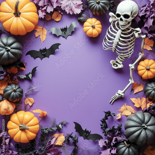 Halloween Celebration With Pumpkins, Skeleton, and Bats Arranged on Purple Ba...