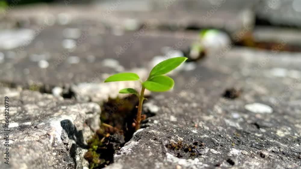 Small Green Plant Growing Out Of Concrete Crack Under Bright Sunlight Representing New Beginnings and Resilience Small Green Plant Growing Out Of Concrete Crack Under Bright Sunlight Representing New Beginnings and Resilience